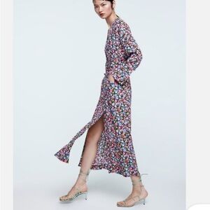 ZARA FLORAL WRAP STYLE Long Sleeve MIDI Dress w/belt & double front slits sz Med